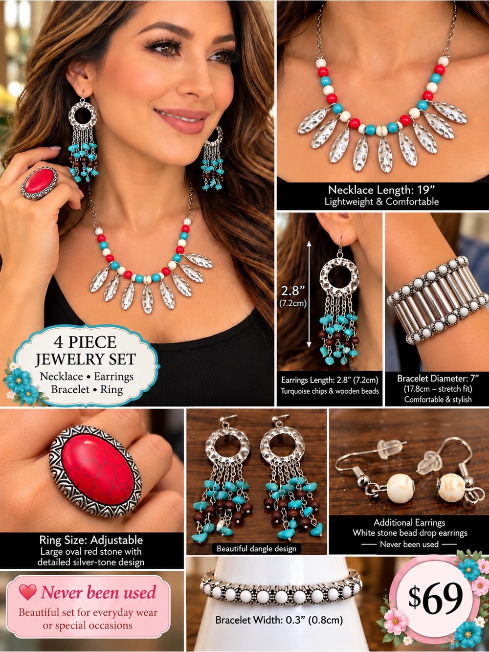 Turquoise & Red 4-Piece Jewelry Set - Necklace, Earrings, Bracelet & Ring